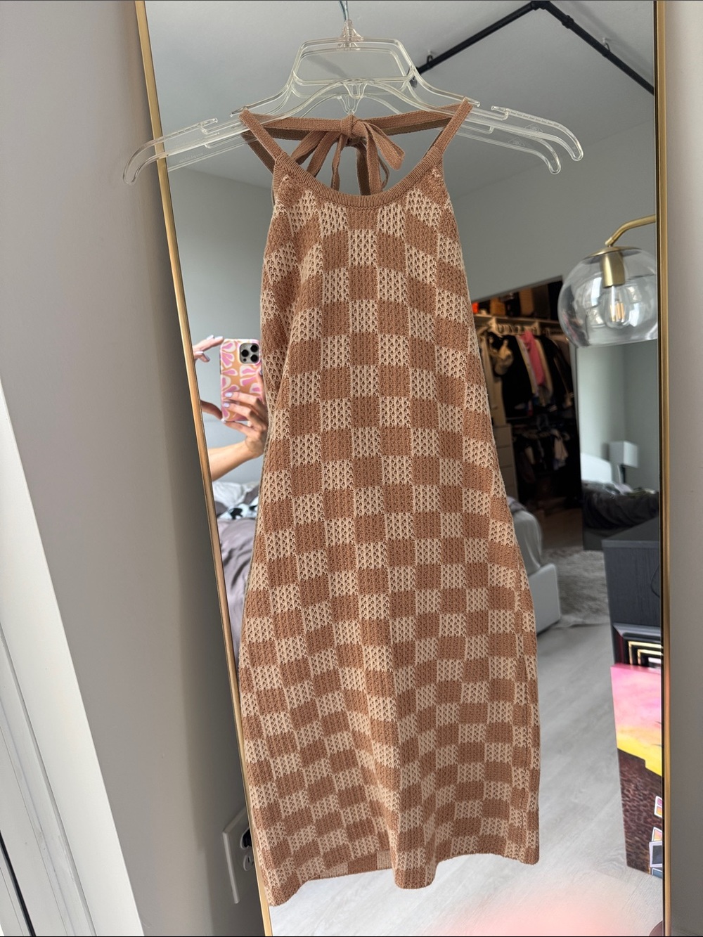 Pink Lily Beige and Cream Checker Knit Mini Dress